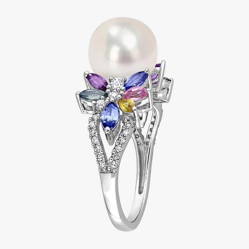 Womens 9-9.5MM White Cultured Freshwater Pearl & 1/8 CT. T.W. Genuine Diamond 14K Gold Cocktail Ring