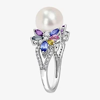 Womens 9-9.5MM White Cultured Freshwater Pearl & 1/8 CT. T.W. Genuine Diamond 14K Gold Cocktail Ring