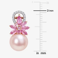 Pink Cultured Freshwater Pearl & 1/8 CT. T.W.  Genuine Diamond 14K Rose Gold Flower Drop Earrings