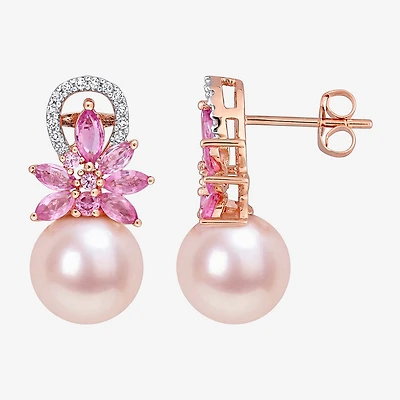Pink Cultured Freshwater Pearl & 1/8 CT. T.W. Genuine Diamond 14K Rose Gold Flower Drop Earrings