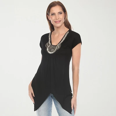 White Mark Womens V Neck Short Sleeve Embellished Tunic Top