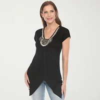 White Mark Womens V Neck Short Sleeve Embellished Tunic Top