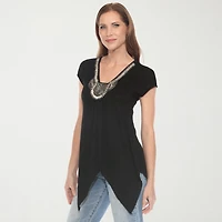 White Mark Womens V Neck Short Sleeve Embellished Tunic Top