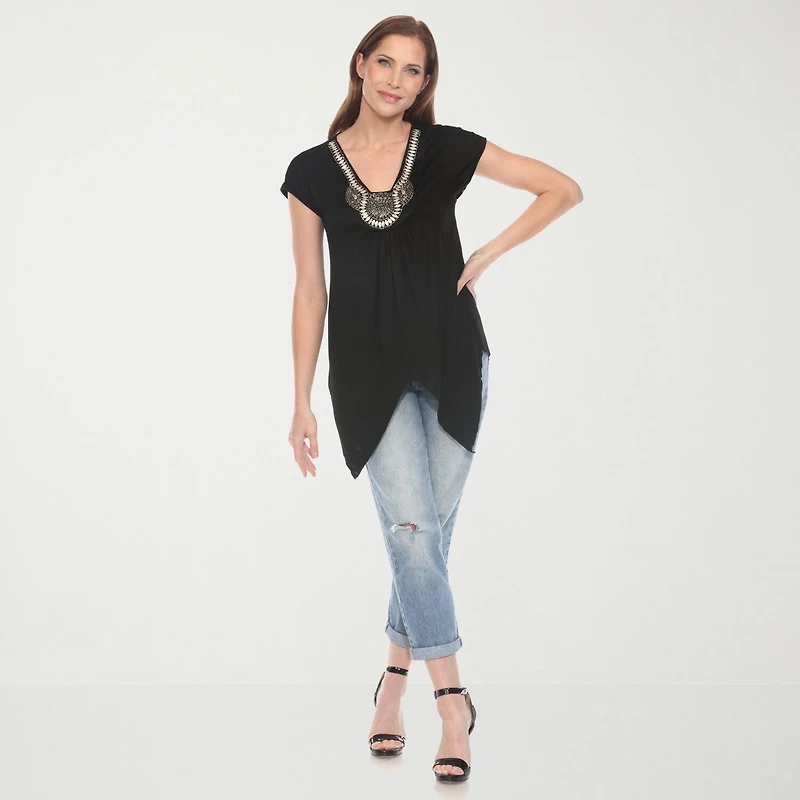 White Mark Womens V Neck Short Sleeve Embellished Tunic Top