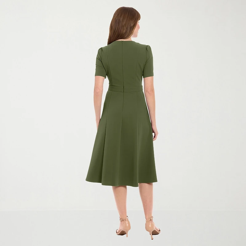 London Times Womens Midi Round Neck Short Sleeve Fitted Fit + Flare Dress