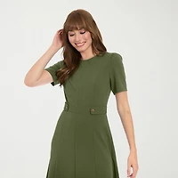 London Times Womens Midi Round Neck Short Sleeve Fitted Fit + Flare Dress