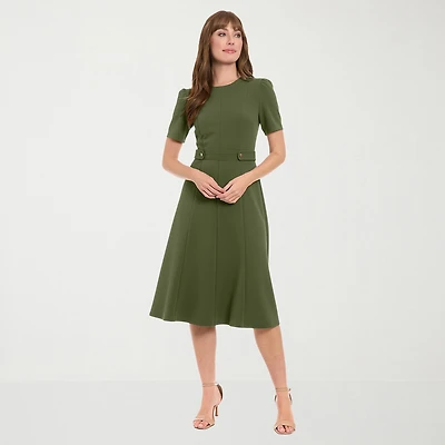London Times Womens Midi Round Neck Short Sleeve Fitted Fit + Flare Dress