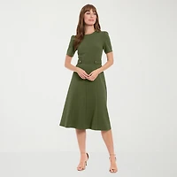 London Times Womens Midi Round Neck Short Sleeve Fitted Fit + Flare Dress