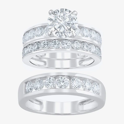 (F / Vs2) Unisex Adult 5 CT. T.W. Lab Grown White Diamond 10K Gold Round Side Stone Bridal Set