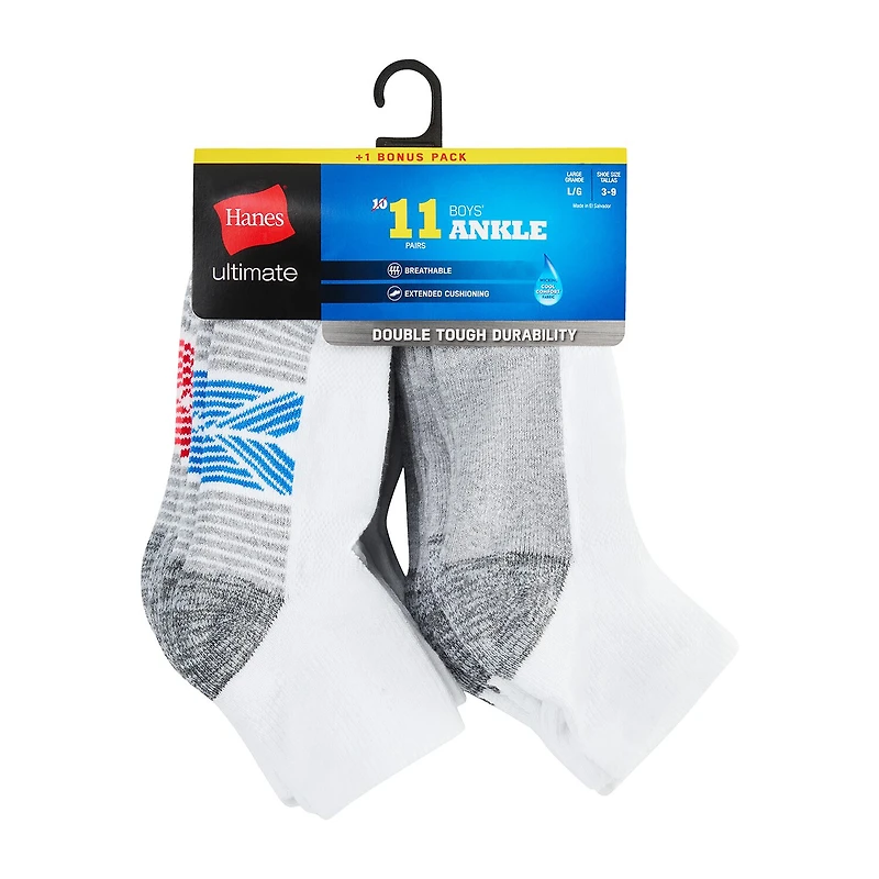 Hanes Little & Big Kid Boys Breathable 10+1 Bonus Pairs Quarter Ankle Socks