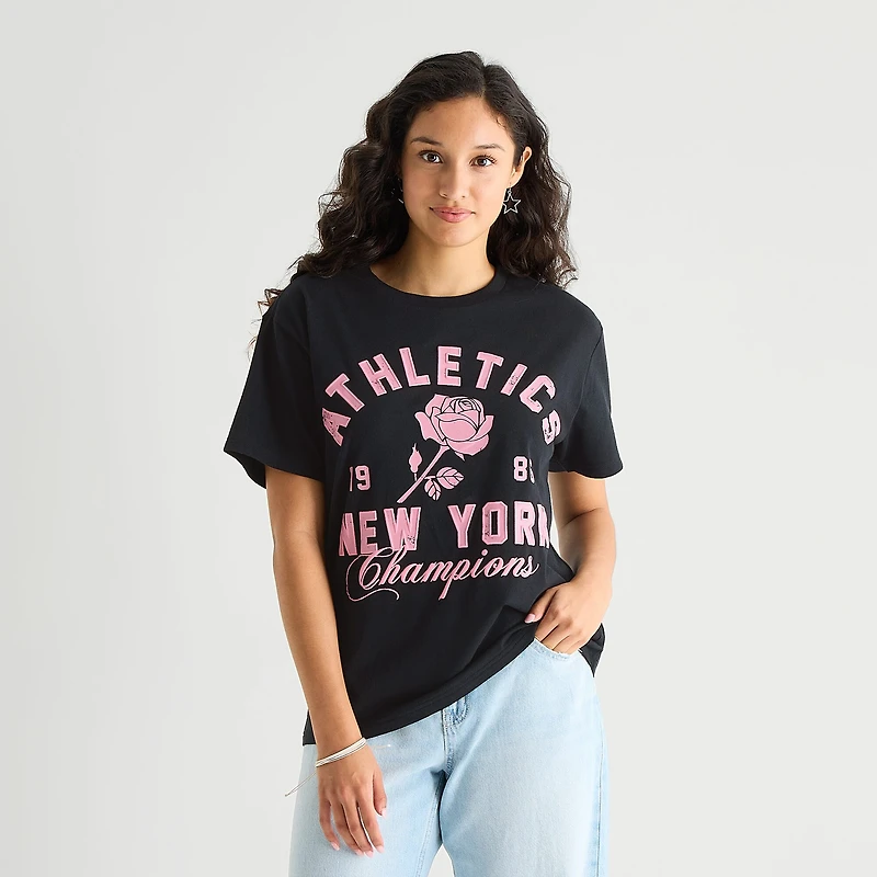 New World York Athletics Boyfriend Tee Womens Juniors Crew Neck Short Sleeve Loose Fit Graphic T-Shirt