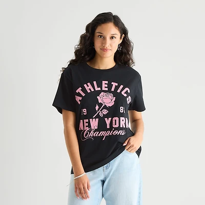 New World York Athletics Boyfriend Tee Womens Juniors Crew Neck Short Sleeve Loose Fit Graphic T-Shirt