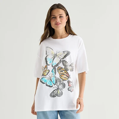 New World Butterfly Tee Womens Juniors Crew Neck Short Sleeve Oversized Graphic T-Shirt