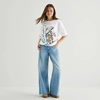New World Butterfly Tee Womens Juniors Crew Neck Short Sleeve Oversized Graphic T-Shirt