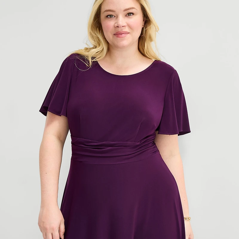 Perceptions Womens Plus Midi Round Neck Short Sleeve Flutter Fit + Flare Dress