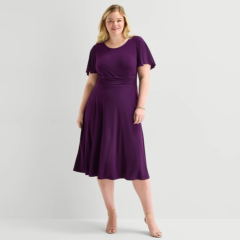Perceptions Womens Plus Midi Round Neck Short Sleeve Flutter Fit + Flare Dress