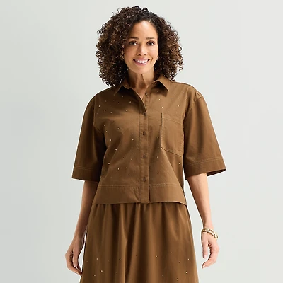 Liz Claiborne Studded Womens Short Sleeve Blouse