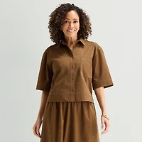 Liz Claiborne Studded Womens Short Sleeve Blouse