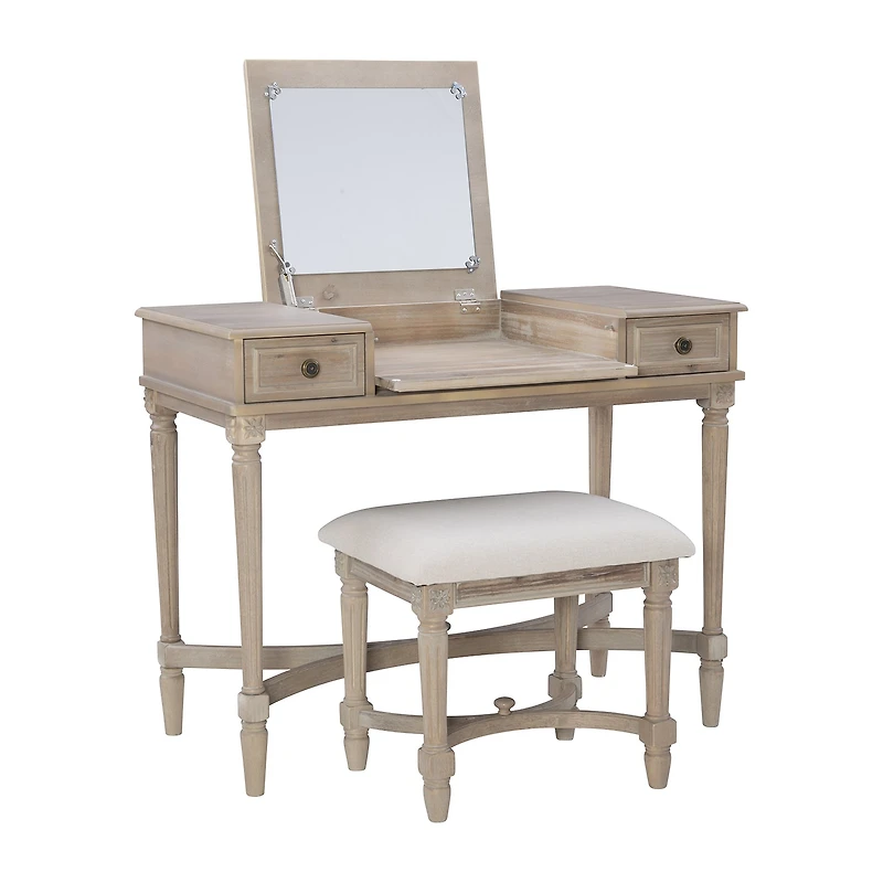 Linon Cyndi Gray Wash Mirrored Vanity Set