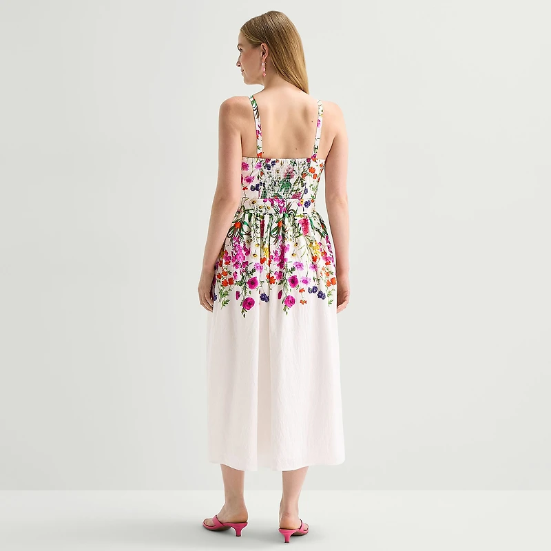 Robbie Bee Womens Midi Round Neck Sleeveless Floral Fit + Flare Dress