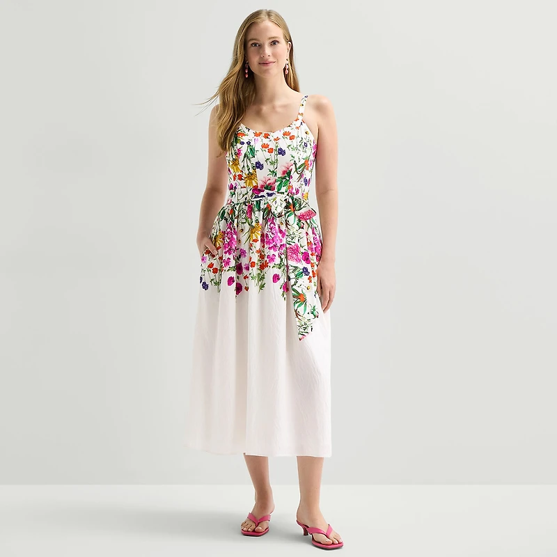 Robbie Bee Womens Midi Round Neck Sleeveless Floral Fit + Flare Dress