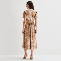 Sandra Darren Womens Midi Split Crew Neck Short Sleeve Puffed Floral Fit + Flare Dress
