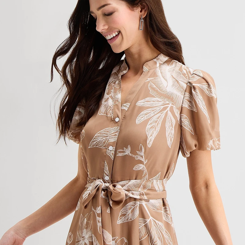 Sandra Darren Womens Midi Split Crew Neck Short Sleeve Puffed Floral Fit + Flare Dress
