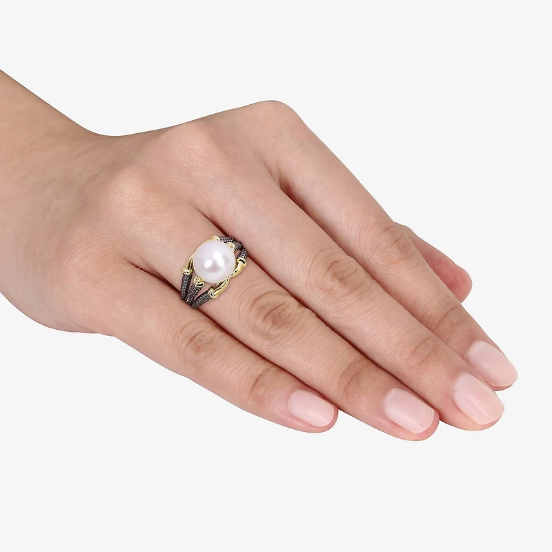 Mens 10-11MM Dyed White Cultured Freshwater Pearl 18K Gold Over Silver Solitaire Fashion Ring
