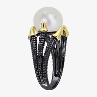 Mens 10-11MM Dyed White Cultured Freshwater Pearl 18K Gold Over Silver Solitaire Fashion Ring