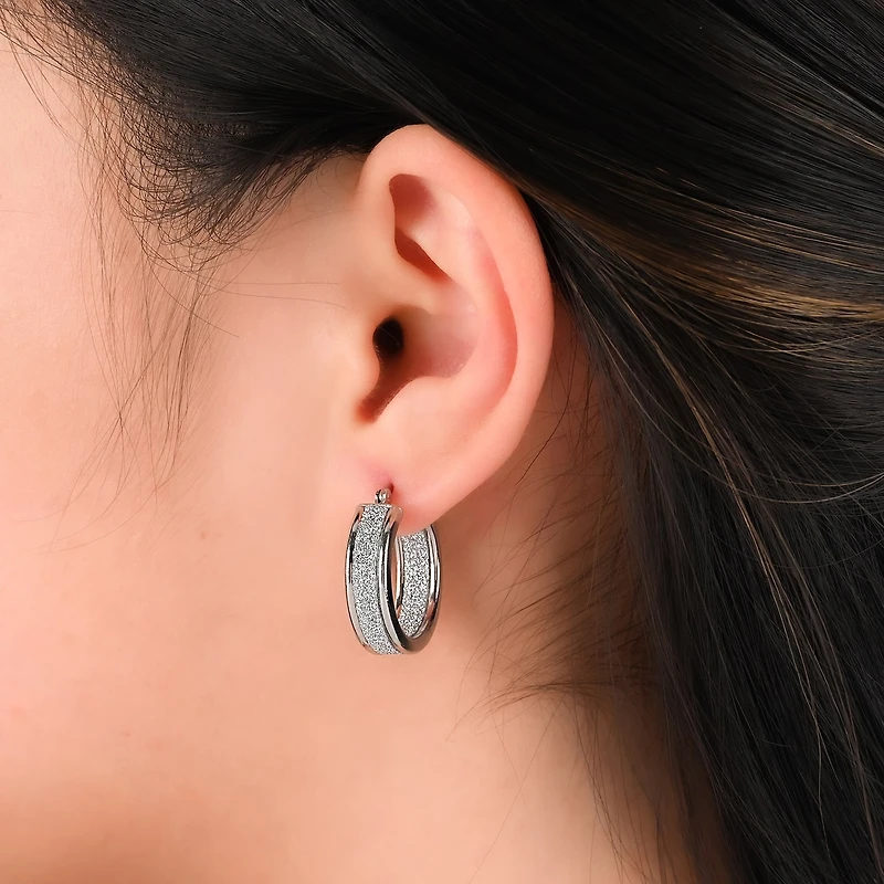 Sterling Silver Rhodium Glitter Hoop Earrings Set