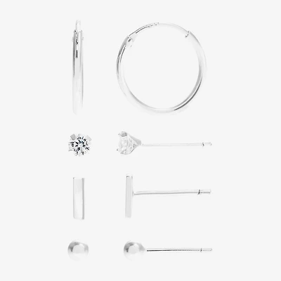 Silver Treasures Womens Cubic Zirconia Sterling Silver Hypoallergenic 4 Pair Earring Set