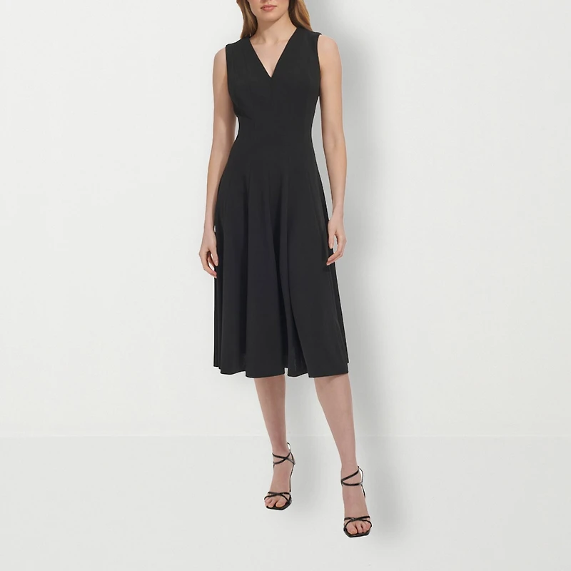 Marc New York Womens Midi V Neck Sleeveless Fit + Flare Dress