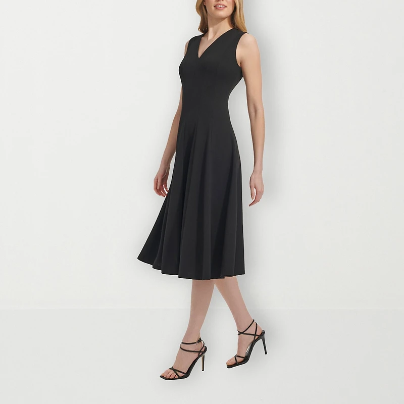 Marc New York Womens Midi V Neck Sleeveless Fit + Flare Dress