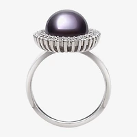 Womens 10-11MM Black Cultured Freshwater Pearl Sterling Silver Round Halo Cocktail Ring