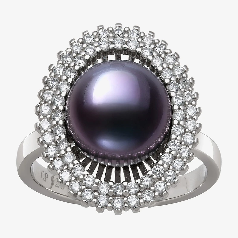 Womens 10-11MM Black Cultured Freshwater Pearl Sterling Silver Round Halo Cocktail Ring