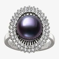 Womens 10-11MM Black Cultured Freshwater Pearl Sterling Silver Round Halo Cocktail Ring