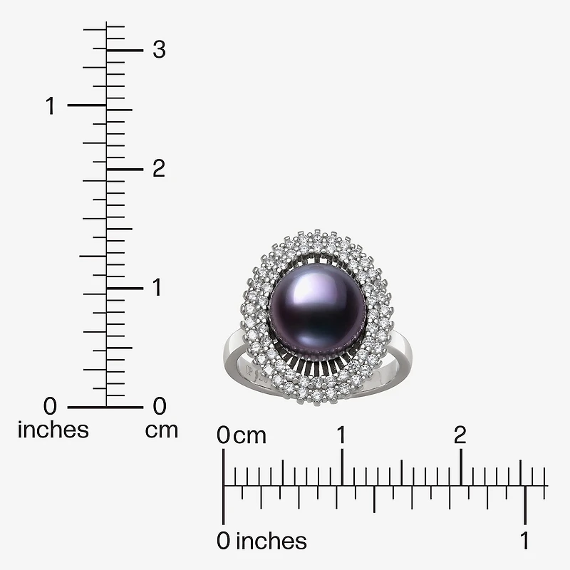 Womens 10-11MM Black Cultured Freshwater Pearl Sterling Silver Round Halo Cocktail Ring