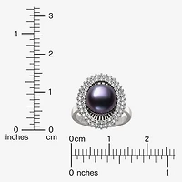 Womens 10-11MM Black Cultured Freshwater Pearl Sterling Silver Round Halo Cocktail Ring