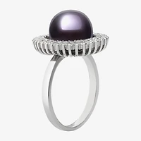 Womens 10-11MM Black Cultured Freshwater Pearl Sterling Silver Round Halo Cocktail Ring