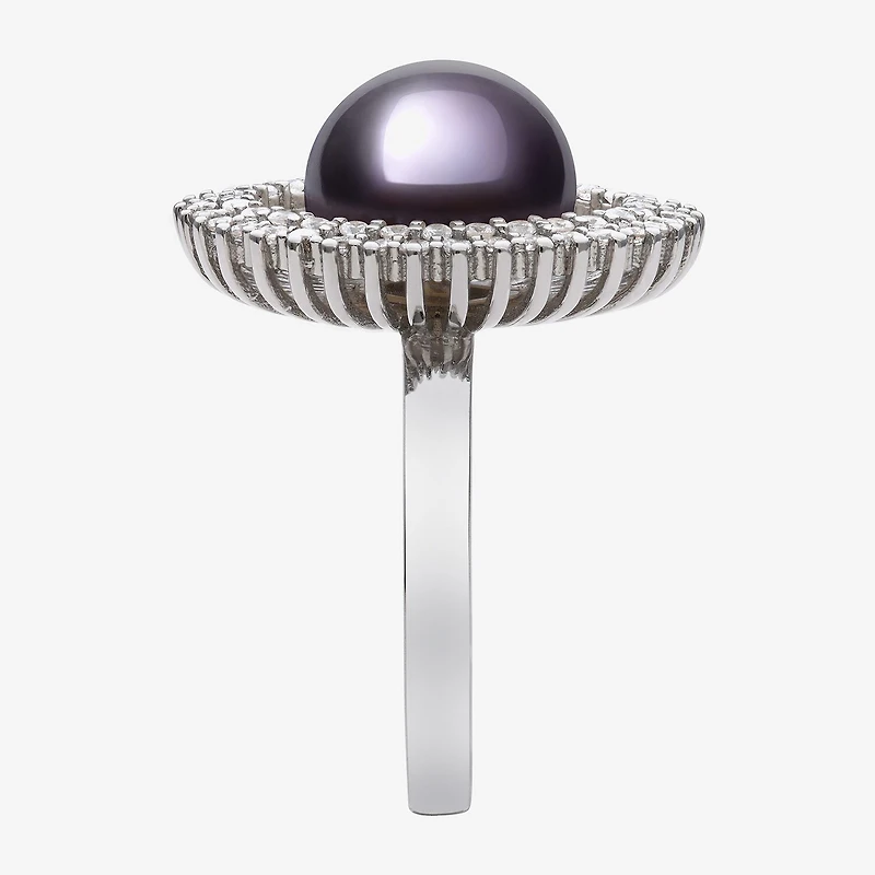 Womens 10-11MM Black Cultured Freshwater Pearl Sterling Silver Round Halo Cocktail Ring