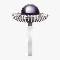 Womens 10-11MM Black Cultured Freshwater Pearl Sterling Silver Round Halo Cocktail Ring