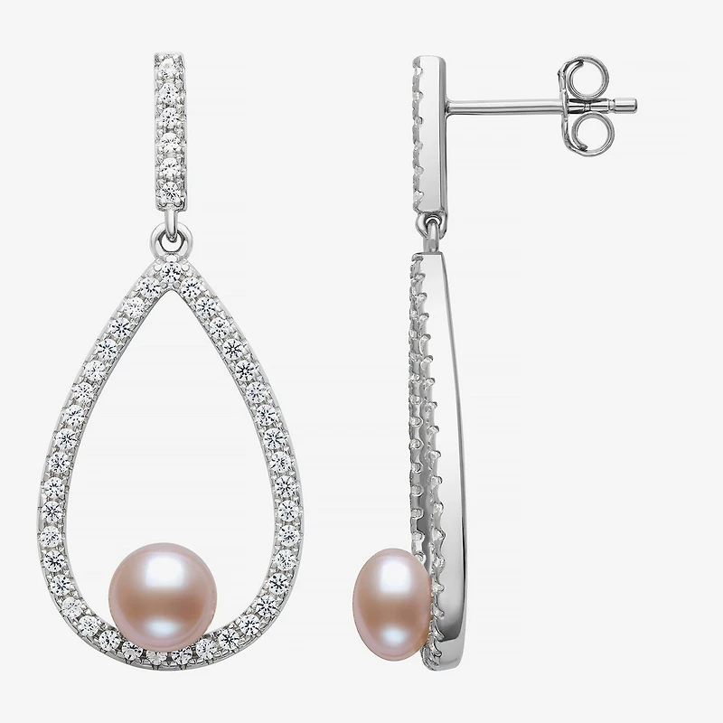 Womens Pink Cultured Freshwater Pearl Sterling Silver Pear Drop Earrings