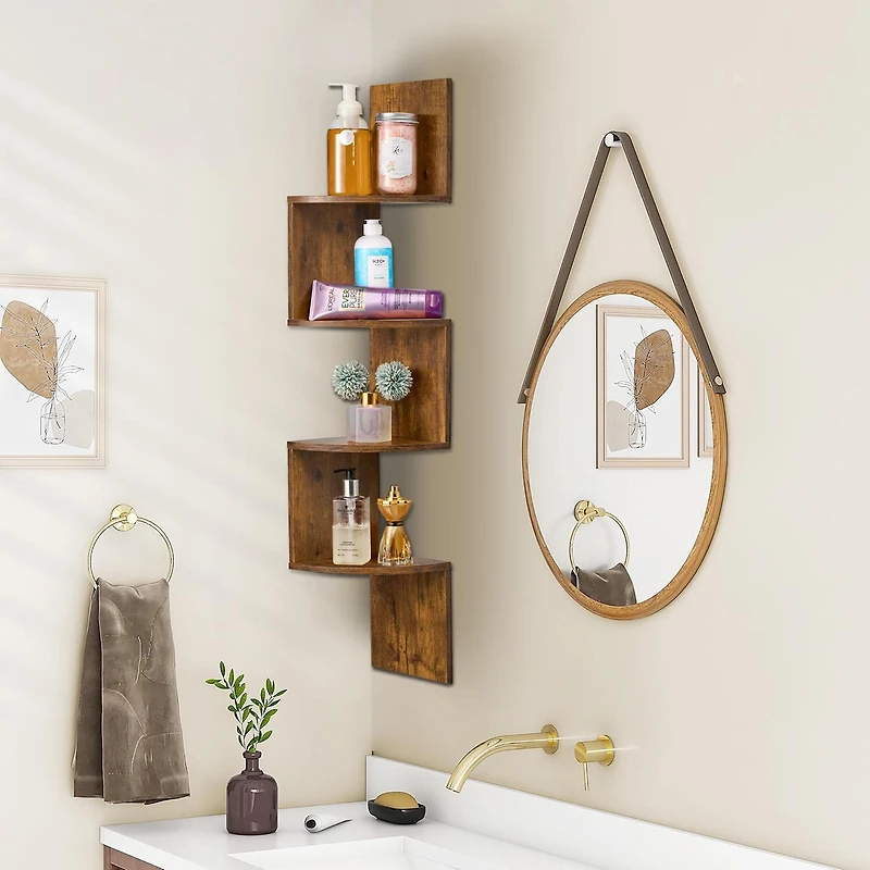Sorbus Zig Zag Floating Corner Book 5-Shelf with Baskets