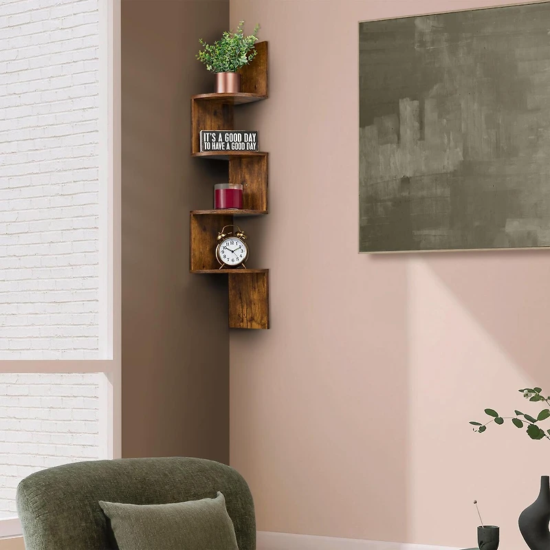 Sorbus Zig Zag Floating Corner Book 5-Shelf with Baskets