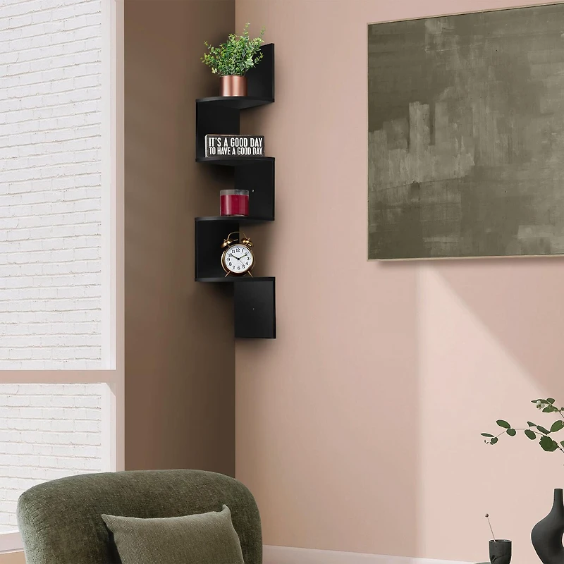 Sorbus Zig Zag Floating Corner Book 5-Shelf with Baskets