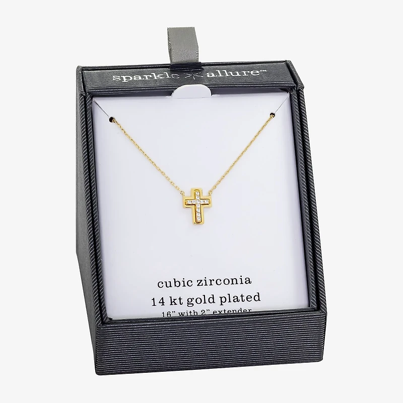 Sparkle Allure Womens Cubic Zirconia 14K Gold Over Brass Cross 16 Inch Pendant Necklace