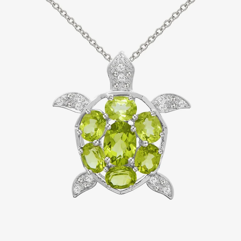 Genuine Peridot & White Topaz Turtle Pendant Necklace