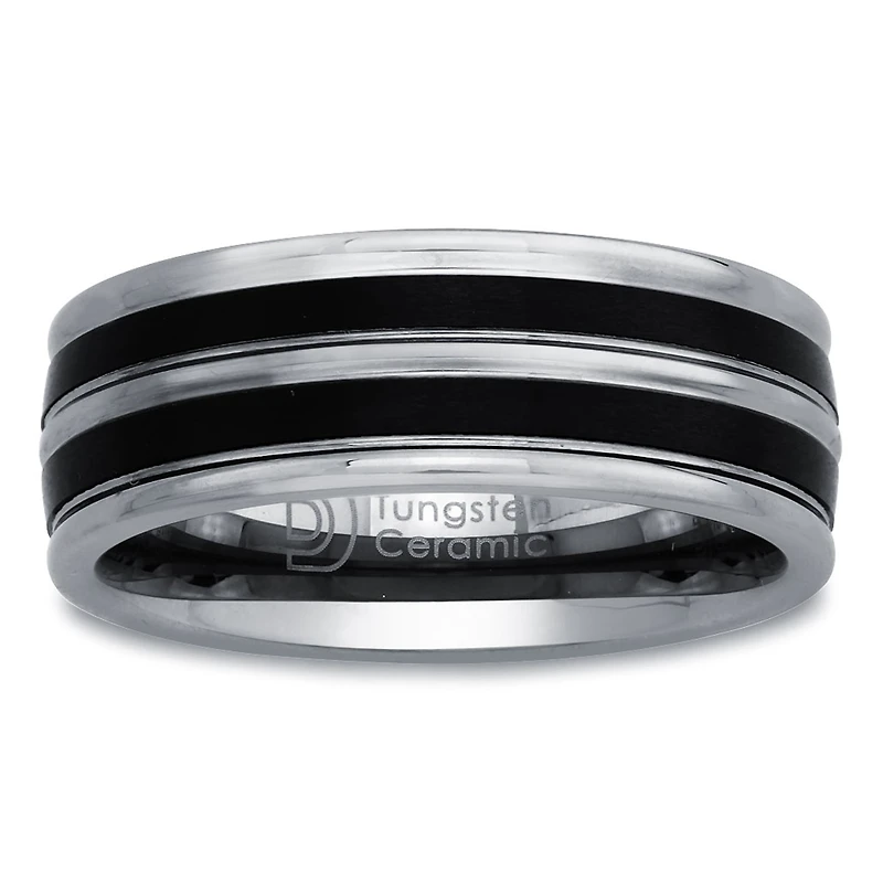 Mens 8mm Tungsten Carbide & Black Ceramic Wedding Band