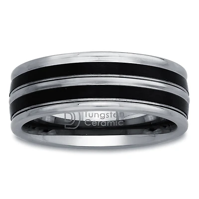 Mens 8mm Tungsten Carbide & Black Ceramic Wedding Band