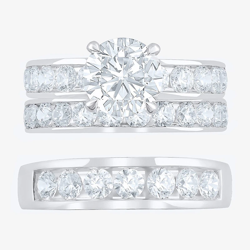 (F / Vs2) Unisex Adult 5 CT. T.W. Lab Grown White Diamond 10K Gold Round Side Stone Bridal Set